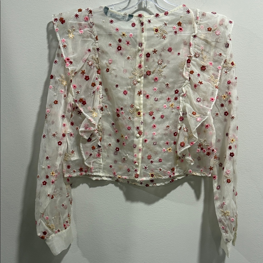 Zara Cream Sheer Blouse with Pink Floral Embroidery & Pearl Design - Picture 5 of 6